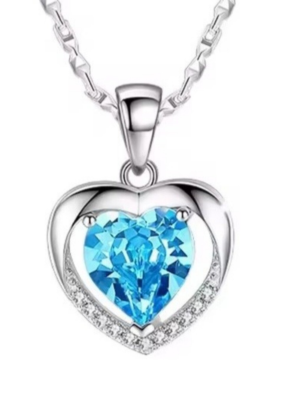 925 Sterling Silver Blue CZ Heart Pendant Necklace Crystal Womens Jewelry Gift